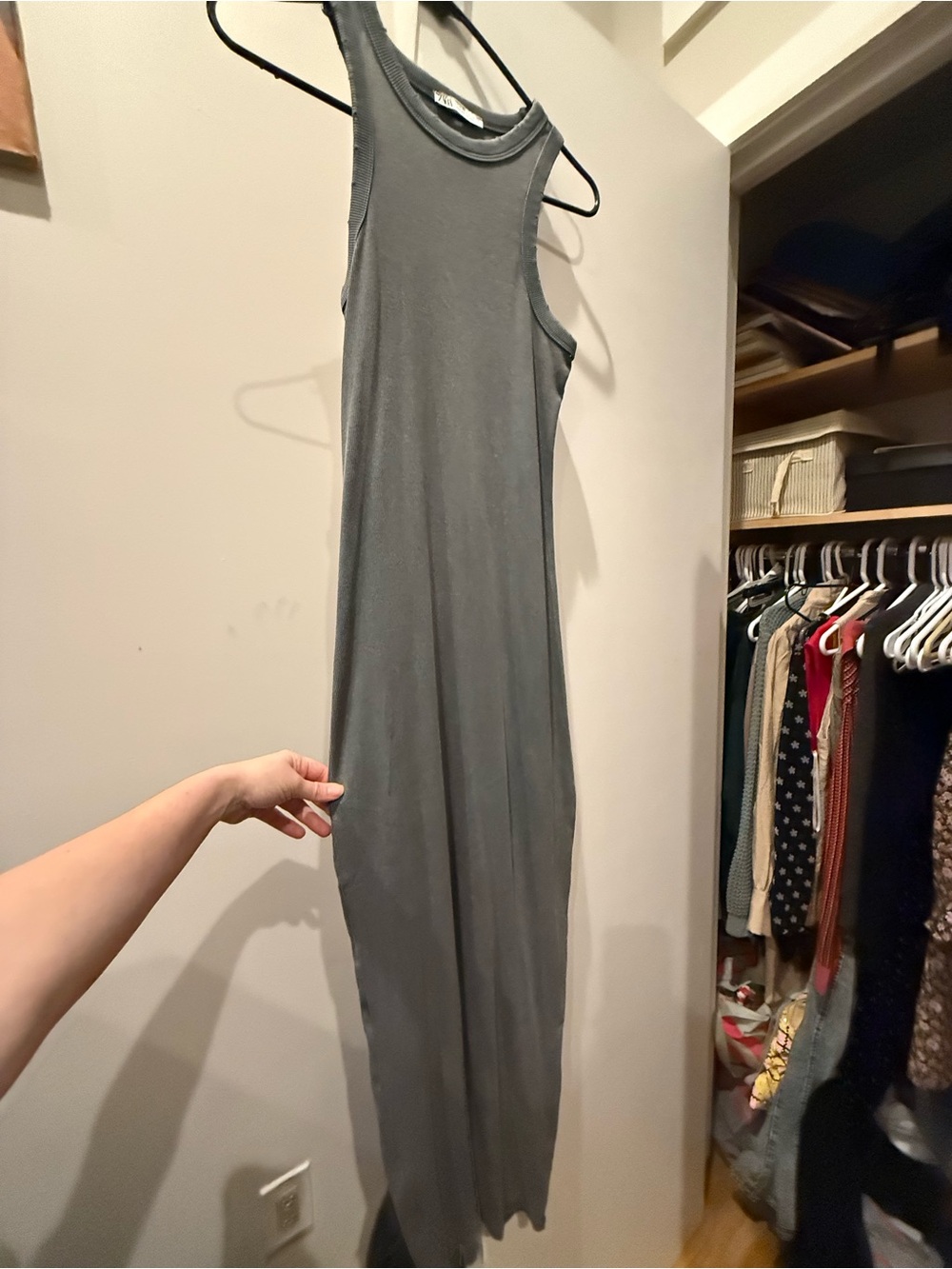 Zara Washed Charcoal Gray Ribbed Maxi Tank Dress